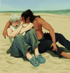2boys abs arm_around_shoulder beach belt belt_buckle bespectacled black-framed_eyewear black_belt black_hair black_nails black_pants blue_pants blue_shoes blue_sky bracelet buckle city closed_eyes collarbone commentary contemporary crocs earrings english_commentary feet_out_of_frame getou_suguru glasses gojou_satoru groin highres jewelry jujutsu_kaisen long_hair m00_ryy male_focus multiple_boys nail_polish navel nipple_piercing nipples ocean pants parted_lips pectorals piercing plug_(piercing) realistic shirt shoes sitting sky sleeveless sleeveless_shirt smile sonic_(series) sonic_the_hedgehog tan tank_top teeth topless_male white_hair white_shirt