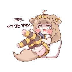 1girl ahoge animal_ears bell blush_stickers bow brown_hair butter_(trickcal) chibi dog_ears dog_girl dog_tail fang gun hair_bow handgun highres kin_cho korean_text legs_up long_hair neck_bell open_mouth pillow pink_shoes pink_shorts ribbon shirt shoes short_sleeves shorts sitting solo striped_clothes striped_thighhighs tail thighhighs trickcal weapon white_eyes white_shirt yellow_ribbon yellow_shirt
