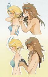 1boy 1girl blonde_hair blush bra brown_hair corrupted_twitter_file dragon_horns hair_tie hairdressing highres horns light_dragon_(zelda) link long_hair nintendo open_bra pointy_ears princess_zelda scar short_hair shuo_yue the_legend_of_zelda the_legend_of_zelda:_tears_of_the_kingdom topless_male underwear upper_body