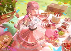1girl absurdres baguette belt bench black_belt black_bow black_ribbon blue_butterfly blue_flower blue_rose blunt_bangs bouquet bow bow_choker bowtie bra_strap bread bug butterfly cake casting_spell chocolate chocolate_chip_cookie choker commentary cookie cupcake cutting_board day donut eyelashes field floating_hair flower flower_field food frilled_shirt frilled_skirt frilled_sleeves frills fruit full_body grapes grass hair_bow hair_ribbon happy heart highres holding holding_wand icing infinity_nikki insect jewelry kneeling layered_skirt light_particles long_hair long_sleeves looking_at_food low_twintails macaron magic miniskirt necklace nikki_(nikki) nikki_(series) off-shoulder_shirt off_shoulder open_mouth orange_flower outdoors perfect_start_(infinity_nikki) picnic picnic_basket picnic_blanket pink_bow pink_bowtie pink_choker pink_eyes pink_flower pink_hair pink_ribbon pink_rose pink_skirt plate pleated_skirt postcard puffy_long_sleeves puffy_sleeves ribbon rose shirt sidelocks single_stripe skirt sleeves_past_wrists smile snowflake_print solo sparkle star_(symbol) star_necklace star_wand strawberry striped_bow striped_bowtie striped_choker striped_clothes suitcase telekinesis tress_ribbon twintails very_long_hair wand wavy_hair white_shirt white_skirt xiisalt yellow_flower