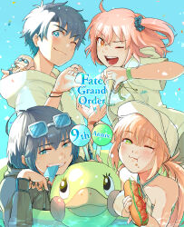2boys 2girls absurdres artoria_caster_(fate) artoria_caster_(swimsuit)_(fate) artoria_caster_(swimsuit)_(first_ascension)_(fate) artoria_caster_(swimsuit_berserker)_(fate) artoria_caster_(swimsuit_berserker)_(first_ascension)_(fate) artoria_pendragon_(fate) baseball_cap black_hair blonde_hair blue_background blue_eyes chibi eating eyewear_on_head fate/grand_order fate_(series) food fujimaru_ritsuka_(female) fujimaru_ritsuka_(female)_(summer_street) fujimaru_ritsuka_(male) fujimaru_ritsuka_(male)_(summer_street) green_eyes grey_hair hat heart heart_hands heart_hands_trio highres hood hoodie hot_dog multiple_boys multiple_girls noa_(hakobune) oberon_(fate) oberon_(moody_summer_oberon)_(fate) oberon_(third_ascension)_(fate) one_eye_closed orange_eyes orange_hair popsicle sunglasses