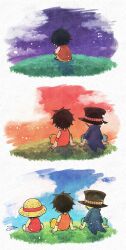 3boys aco_peda aged_down back blue_coat brothers child cloud coat commentary elbow_pads hat highres male_focus monkey_d._luffy multiple_boys night night_sky one_piece orange_shorts orange_tank_top portgas_d._ace red_shirt red_shorts sabo_(one_piece) shirt shorts siblings single_elbow_pad sitting sky straw_hat sunrise sunset tank_top
