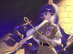 1girl belt black_belt brick_wall brown_shirt buttons capelet collared_shirt earrings facial_mark fingernails gold_hairband hair_ornament hairband hand_up headpiece highres hime_cut holding holding_polearm holding_weapon jewelry key_earrings ko_gyoku long_hair looking_at_viewer low-tied_long_hair michigami_nareko polearm purple_eyes purple_hair shadow shirt short_sleeves smile solo sparkle striped_capelet teeth touhou triangle triangle_facial_mark wavy_hair weapon yellow_capelet