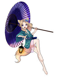 1girl absurdres animal_ears barefoot blonde_hair dutch_angle feet flat_chest flower forehead fox_ears fox_girl fox_tail full_body green_kimono hair_flower hair_ornament highres holding holding_umbrella japanese_clothes kaisouou_konbu kimono looking_at_viewer masumida_yunagi medium_hair oil-paper_umbrella original purple_eyes purple_umbrella rain simple_background smile solo tail the_garden_of_sinners_(touhou) thighs toes touhou umbrella white_background wide_sleeves