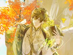 Rule 34 | 1boy, alternate costume, animal, animal on shoulder, autumn, bird, bird on shoulder, book, chinese clothes, genshin impact, holding, holding book, long hair, mors gn, solo, solo focus, tangzhuang, twitter, zhongli (genshin impact)