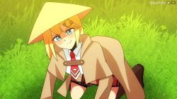 1girl acefish all_fours animated artist_name audible_speech blonde_hair blouse blue_eyes brown_skirt capelet collared_shirt english_audio filthy_frank from_above hair_ornament head_tilt hololive hololive_english holomyth kneeling looking_at_viewer looking_up meme plaid_clothes plaid_skirt profanity shirt skirt smile solo sound tvfilthyfrank video virtual_youtuber watson_amelia watson_amelia_(1st_costume) welcome_to_the_rice_fields_(meme) white_shirt