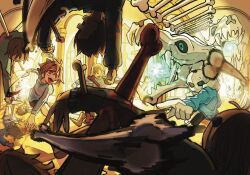 1boy 6+others battle black_shorts blue_eyes blue_jacket blue_sweater brown_hair covered_eyes frisk_(undertale) gasterblaster grin hallway highres holding holding_knife impaled jacket kayassygoma knife multiple_others multiple_persona open_mouth red_eyes sans_(undertale) short_hair shorts skeleton smile sweatdrop sweater teeth undertale upper_teeth_only