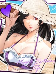 1girl absurdres bare_arms bare_shoulders beach bikini birthday black_hair blue_sky breasts character_name cleavage closed_mouth cloud cloudy_sky commentary english_commentary final_fantasy final_fantasy_vii final_fantasy_vii_rebirth final_fantasy_vii_remake frilled_bikini frills halterneck happy_birthday hat heart highres large_breasts lips long_hair looking_at_viewer multicolored_bikini official_alternate_costume one_eye_closed pink_lips purple_bikini red_eyes sky solo straw_hat swimsuit tifa_lockhart tifa_lockhart_(shining_spirit) two-tone_bikini upper_body wanderstillart white_bikini