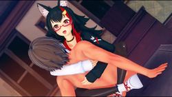 1boy 1girl 3d animal_ears animated bed black_hair girl_on_top hetero hololive hug koikatsu_(medium) ookami_mio sex tail tongue tongue_out virtual_youtuber wataamage video wolf_ears wolf_girl wolf_tail