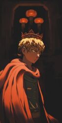 1boy absurdres blonde_hair cape crown eye_print glowing glowing_eyes green_jacket highres horns ja_wangnan jacket kapxapius lamp looking_at_viewer mole mole_under_eye original pocket red_cape red_horns small_horns solo tower_of_god underlighting yellow_eyes