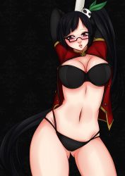 1girl absurdres arc_system_works arms_up bad_id bad_pixiv_id black_bra black_hair black_panties blazblue blazblue:_calamity_trigger blush bra breasts chisana-neko female_focus glasses hair_ornament highres lao_jiu large_breasts litchi_faye_ling long_hair navel open_clothes open_mouth open_shirt panda panties pink_eyes pole ponytail shirt solo underwear very_long_hair