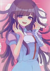 1girl apron bandaged_arm bandages blush breasts commentary_request cowboy_shot danganronpa_(series) danganronpa_2:_goodbye_despair donburi_(minami_don) eyelashes hands_up highres long_hair open_mouth pink_background pink_shirt puffy_short_sleeves puffy_sleeves purple_eyes purple_hair shirt short_sleeves simple_background solo sparkle sweatdrop tsumiki_mikan white_apron