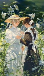2girls apron artist_name blonde_hair blue_eyes bow bowtie brown_hair bug butterfly collared_dress commentary commentary_request day dress english_commentary flower from_side giving grey_eyes hair_ornament hair_scrunchie hand_on_hand hat highres holding_butterfly insect juliet_sleeves leaf lily_(flower) long_sleeves looking_down low_ponytail maid maid_apron mixed-language_commentary multiple_girls original outdoors parted_bangs ponytail puffy_sleeves rrr_(reason) scrunchie smile straw_hat sun_hat victorian victorian_maid white_apron white_bow white_bowtie white_dress white_flower yellow_butterfly yuri