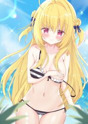 Rule 34 | 1girl, a ameame2, ahoge, alternate costume, arm at side, arm under breasts, armpit crease, bikini, black bikini, black bow, blonde hair, blue sky, blurry, blush, bow, breasts, breasts apart, cameltoe, closed mouth, collarbone, colored eyelashes, commentary, covering breasts, covering privates, cowboy shot, day, depth of field, double bun, floating hair, frilled bikini, frills, hair between eyes, hair bow, hair bun, hair intakes, hair over shoulder, hamidashi creative, highres, izumi hiyori, large breasts, long hair, looking at viewer, multicolored bikini, navel, outdoors, red eyes, side-tie bikini bottom, sidelocks, sky, smile, solo, sparkle, stomach, straight hair, striped bikini, striped clothes, swimsuit, thigh gap, two-tone bikini, two side up, very long hair, wardrobe malfunction, water drop, white bikini