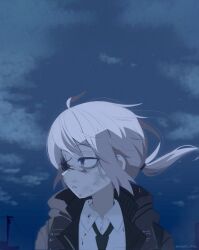 Rule 34 | 1girl, ahoge, artist name, black jacket, black necktie, blue sky, cloud, cloudy sky, collared shirt, cracked skin, dirty, dirty clothes, dirty face, floating hair, girls&#039; frontline, grey hair, hole in face, hood, hood down, hooded jacket, jacket, looking to the side, loose necktie, low ponytail, m200 (girls&#039; frontline), medium hair, missing eye, necktie, night, night sky, open clothes, open jacket, parted lips, ponytail, portrait, purple eyes, shirt, sky, smart oval, solo, star (sky), turning head, white shirt, wind