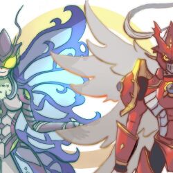 1boy 1girl angel_wings armor artist_name artist_request blue_eyes body_armor breasts bug butterfly butterfly_wings digimon digimon_story:_cyber_sleuth digimon_story:_cyber_sleuth_hacker&#039;s_memory digimon_tamers dukemon dukemon_crimson_mode headgear helmet hudiemon insect insect_wings knight leotard long_hair looking_at_viewer medium_breasts side-by-side tinted_eyewear wings yellow-tinted_eyewear yellow_eyes