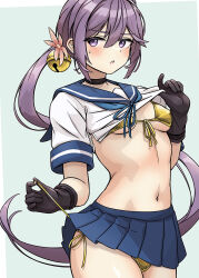 1girl :o akebono_(kancolle) arthur_ko bikini bikini_under_clothes black_choker black_gloves blue_skirt blush breasts cameltoe choker clothes_lift cropped gloves gold_bikini hair_between_eyes highres kantai_collection long_hair navel open_mouth pleated_skirt purple_eyes purple_hair sailor sailor_collar school_uniform serafuku shirt_lift side-tie_bikini_bottom sidelocks skirt small_breasts solo standing stomach swimsuit textless_version underboob very_long_hair