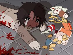 apu_spills_his_tendies_(meme) armor blood blood_on_clothes blood_splatter brown_hair chicken_nuggets crying crying_with_eyes_open dark-skinned_male dark_skin food french_fries gloves heathcliff_(project_moon) jacket limbus_company male_focus meme milkshake non-web_source project_moon scar scar_on_face shadow tears white_gloves white_jacket