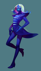 1boy blue_background blue_skin colored_inner_hair colored_skin deltarune eyelashes full_body high_heels male_focus multicolored_hair open_mouth rouxls_kaard shoulder_pads simple_background solo sora-ya_(uya_kyo) standing standing_on_one_leg twitter_username white_hair