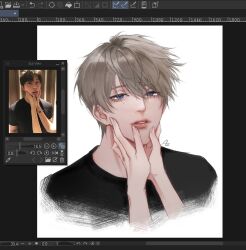 1boy 1girl art_program_in_frame black_shirt blue_eyes clip_studio_paint clip_studio_paint_(medium) diggydaw disembodied_hand grey_hair hair_between_eyes half-closed_eyes highres looking_at_viewer love_and_deepspace male_focus parted_lips photo-referenced photo_inset real_life_insert shirt short_hair signature upper_body white_background xavier_(love_and_deepspace)