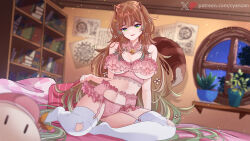1girl absurdres alternate_costume animal_ears ayunda_risu ayunda_risu_(goddess) bare_shoulders bedroom blurry blurry_background bookshelf bra brown_hair clothes_pull commentary cupless_bra cyanzan earrings flower frilled_bra frilled_garter_belt frills garter_belt garter_straps green_eyes green_hair hair_flower hair_ornament hairpin highres hololive hololive_indonesia indoors jewelry knee_cutout lace_collar light_particles lingerie long_hair looking_at_viewer multicolored_hair navel no_shoes official_alternate_hairstyle panties patreon_logo patreon_username pillow pink_bra pink_panties plant potted_plant sitting smile solo squirrel_ears squirrel_girl squirrel_tail streaked_hair stuffed_toy tail thighhighs twitter_logo underwear very_long_hair virtual_youtuber white_thighhighs window yokozuwari