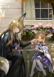 2girls absurdres animal_ears arknights black_jacket blonde_hair blue_hairband braid braided_hair_rings closed_mouth commentary dress earpiece flan_ling food fox_ears fox_girl fox_tail fruit green_eyes hair_rings hairband highres ice_cream jacket long_hair long_sleeves mother_and_daughter multiple_girls no_shoes one_eye_closed orange_eyes pantyhose purple_dress short_hair sitting strawberry sundae suzuran_(arknights) tail toes twin_braids vulpisfoglia_(arknights) white_pantyhose