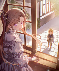 1boy 1girl :d absurdres aged_down ascot blonde_hair blue_ascot blue_eyes boots brown_boots brown_hair dated_commentary dimitri_alexandre_blaiddyd dimitri_alexandre_blaiddyd_(young) dress edelgard_von_hresvelg edelgard_von_hresvelg_(young) fire_emblem fire_emblem:_three_houses frilled_dress frills hetero highres indoors long_hair nintendo open_mouth pink_eyes shadow smile soma_otakuu standing window
