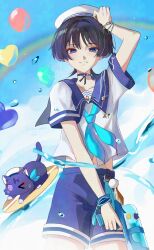1boy alternate_costume animalization arm_up blue_choker blue_neckerchief blue_sailor_collar blue_sky blunt_ends bright_pupils choker cloud cloudy_sky colored_inner_hair contemporary diffraction_spikes eyeliner eyeshadow feathers genshin_impact glint hair_intakes hat highres holding holding_water_gun looking_at_viewer makeup male_focus meppe_me midriff_peek multicolored_hair neckerchief o-ring one_eye_closed parted_lips person_and_animalization pom_pom_(clothes) purple_cat purple_eyes purple_hair purple_shorts red_eyeliner red_eyeshadow sailor sailor_collar sailor_hat scaramouche_(cat)_(genshin_impact) scaramouche_(genshin_impact) short_sleeves shorts sky smile solo surfboard tassel wanderer_(genshin_impact) water water_gun watermark white_hat white_mouth white_pupils white_sleeves white_trim wispy_bangs wristband yellow_feathers
