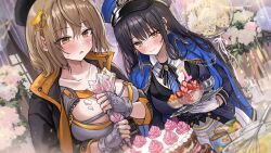2girls :o anis_(nikke) beret black_hair black_headwear black_jacket blue_headwear blue_jacket blue_necktie blush breasts cake closed_mouth collarbone collared_shirt crop_top diesel_(nikke) dutch_angle fingerless_gloves food food_on_body food_on_breasts food_on_face fruit gloves goddess_of_victory:_nikke grey_gloves grey_shirt hair_ornament hat holding holding_plate jacket jacket_on_shoulders large_breasts light_brown_hair long_hair military_hat military_jacket military_uniform multicolored_jacket multiple_girls necktie open_clothes open_jacket orange_eyes orange_jacket parted_lips peaked_cap plate pleated_skirt saya_(mychristian2) shirt short_hair sidelocks skirt smile strawberry striped_necktie sweatdrop two-tone_jacket white_gloves white_shirt white_skirt