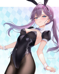 1girl ahoge akiei animal_ear_hairband animal_ears black_leotard black_pantyhose black_shrug blue_eyes bow bowtie breasts checkered_background collar fake_animal_ears gakuen_idolmaster hairband highres idolmaster kaya_rinha leotard long_hair looking_at_viewer medium_breasts pantyhose playboy_bunny purple_bow purple_bowtie purple_hair rabbit_ears rabbit_tail shrug_(clothing) side-tie_leotard solo tail twintails white_collar wrist_cuffs