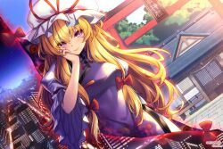 Rule 34 | 1girl, blonde hair, breasts, building, city, dress, gap (touhou), hakurei shrine, hat, hat ribbon, highres, lips, long hair, long sleeves, medium breasts, mob cap, purple eyes, purple tabard, red ribbon, ribbon, seductive smile, sidelocks, skyscraper, smile, solo, tabard, tarmo, touhou, touhou spell carnival, very long hair, white dress, wide sleeves, yakumo yukari