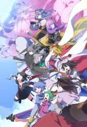 1boy 6+girls absurdly_long_hair animal_ears arm_ribbon asymmetrical_wings bamboo_broom beard bishamonten&#039;s_pagoda bishamonten&#039;s_spear black_dress black_hair black_legwear blonde_hair blue_eyes blue_hair blue_sky broom brown_eyes brown_hair capelet clenched_teeth closed_umbrella cloud dog_ears dowsing_rod dress closed_eyes facial_hair futatsuiwa_mamizou gem glowing gradient_hair green_eyes green_hair grey_dress grey_hair hair_ornament hat heterochromia highres hijiri_byakuren hood hoop houjuu_nue interlocked_fingers jewelry juliet_sleeves karakasa_obake kasodani_kyouko kumoi_ichirin ladle layered_dress long_hair long_sleeves mouse_ears mouse_tail multicolored_hair multiple_girls murasa_minamitsu mustache namauni nazrin neckerchief necklace open_mouth pendant puffy_sleeves purple_eyes raccoon_ears raccoon_tail red_eyes ribbon sailor_hat school_uniform serafuku shawl shirt short_hair skirt sky smile snake tail tatara_kogasa teeth thighhighs tongue tongue_out toramaru_shou touhou umbrella unzan very_long_hair white_dress wings yellow_eyes zettai_ryouiki