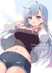 1girl :o ahoge bare_shoulders black_shirt blue_eyes blue_hair blue_shorts breasts camisole character_request check_character commission cowboy_shot crop_top cutoffs denim denim_shorts earrings gradient_hair hands_up highres indie_virtual_youtuber jacket jewelry large_breasts long_sleeves midriff multicolored_hair navel necklace off_shoulder open_clothes open_jacket open_mouth setsuna_meguri shirt short_shorts shorts sleeveless sleeveless_shirt solo spaghetti_strap standing stomach taut_clothes taut_shirt thighs torn_clothes torn_shorts uramakaron virtual_youtuber white_jacket