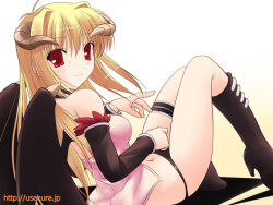 1girl 2000s_(style) aozora_remina babydoll black_boots black_pants black_sleeves black_wings blonde_hair blush boots breasts brown_horns closed_mouth commentary_request demon_girl demon_horns detached_sleeves frilled_thigh_strap full_body hair_intakes high_heel_boots high_heels horns long_hair looking_at_viewer medium_breasts pants pink_babydoll ragnarok_online red_eyes smile solo succubus_(ragnarok_online) thigh_strap underwear underwear_only watermark web_address wings