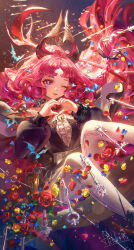 Rule 34 | 1girl, absurdres, arknights, artist name, blue flower, braid, center frills, commentary, commission, english commentary, feet out of frame, fingernails, flower, frills, hair ornament, heart, heart hands, hebbtia, highres, infection monitor (arknights), jewelry, key, keyhole, light particles, locket, long hair, long sleeves, looking at viewer, mixed-language commentary, nymph (arknights), one eye closed, own hands together, pantyhose, pendant, pink hair, pointy ears, puffy long sleeves, puffy sleeves, purple eyes, red flower, red rose, rose, signature, smile, solo, white pantyhose, yellow flower