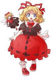 Rule 34 | 2girls, alphes (style), back bow, black shirt, black skirt, blonde hair, blue eyes, bow, bowtie, collared shirt, commentary request, contrast collar, crying, crying with eyes open, dairi, fairy wings, frilled shirt collar, frilled socks, frills, full body, hair ribbon, large variant set, long skirt, medicine melancholy, medium hair, multiple girls, open mouth, parody, puffy short sleeves, puffy sleeves, red bow, red bowtie, red ribbon, red shirt, red shoes, red skirt, ribbon, ribbon-trimmed skirt, ribbon trim, shirt, shoes, short sleeves, skirt, socks, style parody, su-san, tachi-e, tears, touhou, transparent background, variant set, white bow, white socks, wings