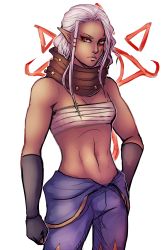1girl dark_skin dark-skinned_female facial_mark female_focus girahimu-sama highres hyrule_warriors impa looking_at_viewer nintendo pointy_ears red_eyes sarashi silver_hair solo the_legend_of_zelda