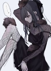 1girl akai_ringo_(eveyuno) black_dress black_hair dress fishnets hair_ribbon high_ponytail highres looking_ahead original ponytail ribbon sitting sweatdrop white_background