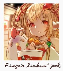 1girl binik_ex bird blonde_hair chicken chicken_(food) cursive earrings eating english_text fake_photograph food fried_chicken granblue_fantasy hair_ornament harvin jewelry kfc mahira_(granblue_fantasy) pointy_ears red_eyes