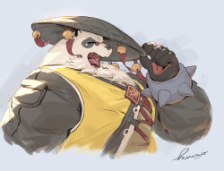 1boy animal_ears artist_name bara bell bracelet chinese_clothes claws closed_eyes commentary english_commentary facing_to_the_side fangs fat fat_man furry furry_male hand_on_headwear highres jewelry jingle_bell kuromons_art male_focus multiple_rings open_mouth pan_yinhu panda_boy panda_ears pawpads ring round_eyewear shirt signature spiked_bracelet spikes upper_body wok yawning yellow_shirt zenless_zone_zero