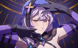 1girl bangle bare_shoulders black_gloves black_swan_(honkai:_star_rail) bracelet bright_pupils commission elbow_gloves gloves honkai:_star_rail honkai_(series) jewelry looking_at_viewer portrait purple_eyes purple_hair smile solo veil vibrantrida white_pupils