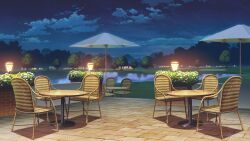 Rule 34 | blue sky, blurry, brick, bush, chair, cloud, cloudy sky, depth of field, forest, glowing, highres, lake, lamppost, nature, night, no humans, non-web source, official art, our life: beginnings and always, outdoors, park, reflection, reflective water, scenery, shadow, sky, table, tile floor, tiles, tree, wooden chair, wooden table