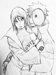 Rule 34 | 1boy, 1girl, akatsuki uniform, breasts, coat, eyeshadow, face piercing, highres, holding, holding kunai, holding weapon, konan (naruto), kunai, labret piercing, looking at another, makeup, mask, meitarou, naruto (series), naruto shippuuden, scar, scar on face, short hair, spiked hair, tobi (naruto), uchiha obito, weapon