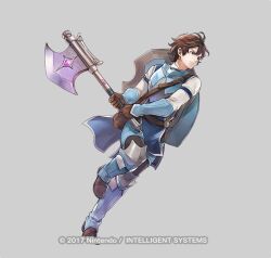 1boy aged_down attack axe brown_eyes brown_gloves brown_hair copyright_notice fire_emblem fire_emblem_awakening fire_emblem_heroes frederick_(young)_(fire_emblem) frederick_(fire_emblem) gloves grey_background holding holding_axe male_focus nintendo official_art pebble pouch shield shield_on_back short_hair solo swinging_weapon wada_sachiko