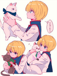 1boy :3 animal animalization bandana blonde_hair blue_bandana blue_eyes blue_tabard brown_cat cat clothed_animal glasses gon_freecss green_necktie hair_between_eyes highres holding holding_animal holding_cat hunter_x_hunter killua_zoldyck kurapika leorio_paladiknight long_sleeves looking_at_animal male_focus necktie sanamaru_(sana79261827) short_hair simple_background smile speech_bubble tabard thought_bubble translated white_background white_cat