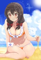 1girl beach bikini blue_sky blush bow braid breasts brown_hair cleavage cloud collarbone dot_nose frilled_bikini frills front-tie_bikini_top front-tie_top hair_bow highres kono_subarashii_sekai_ni_shukufuku_wo! large_breasts long_hair marusankaku multicolored_bikini navel orange_bikini outdoors red_bow red_eyes sand_on_skin side-tie_bikini_bottom sitting sky smile solo stomach sun_glare swimsuit two-tone_bikini wariza white_bikini yunyun_(konosuba)