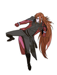 1boy armor belt black_boots black_pants black_shirt boots brown_hair chest_strap clenched_hands coat dirge_of_cerberus_final_fantasy_vii final_fantasy final_fantasy_vii full_body genesis_rhapsodos gloves hair_between_eyes highres kicking long_coat long_hair multiple_belts newb_ff7r pants red_coat red_gloves shirt shoulder_armor sketch solo white_background