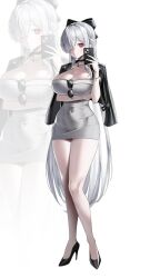 1girl cinderella_(beautiful_me)_(nikke) cinderella_(nikke) covered_navel dongtan_dress dress eyewear_hang full_body goddess_of_victory:_nikke grey_dress hair_over_one_eye heart heart_necklace highres hundred0327 jacket jacket_on_shoulders jewelry meme_attire necklace official_alternate_costume official_alternate_hairstyle solo unworn_eyewear
