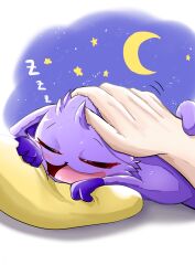 1boy animal_ears big_smile cat_boy cat_ears cat_tail catnap_(poppy_playtime) closed_eyes commentary_request dark_purple_fur ears_down furry furry_male hand_on_another&#039;s_head highres light_blush lying male_focus moon multicolored_fur on_stomach open_mouth petting pillow pillow_grab poppy_playtime purple_fur sky sleeping smile smiling_critters star_(sky) starry_sky tail