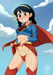 Rule 34 | 1girl, absurdres, black eyes, black hair, blush, braid, clothes lift, cosplay, cotonus, crop top, dc comics, furrowed brow, headband, highres, long sleeves, medium hair, nervous, panties, roberta lee, signature, skirt, skirt lift, sky, smile, solo, superman, superman (cosplay), superman (series), superman smashes the klan, sweatdrop, teeth, thighhighs, twin braids, underwear